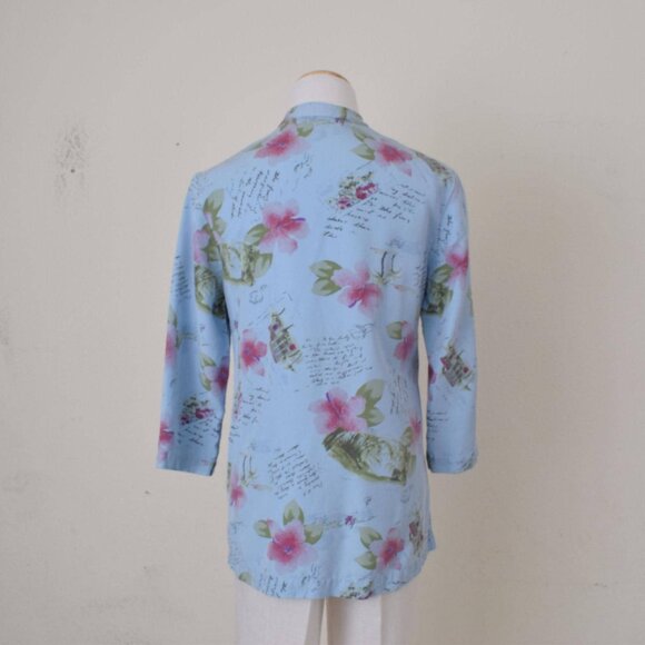 Vintage 90s Blue Floral Print Blouse by AKS Amy K Su | size S - Picture 5 of 10